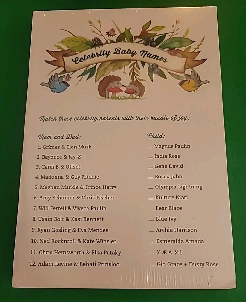 Tarjetas de juego de baby shower impresas (50) animales del bosque celebridad nombres de bebé-coincidencia  Foto 3 de 4