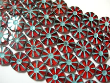 8 13mm Czech Glass Transparent Red with Turquoise Daisy Flower Wheel Coin Beads