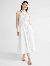 Scoop Dress Women's Size XS White Gathered Poplin Halter --U9--