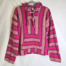 Vel-Mex Mexican Baja Hoodie Drug Rug Kangaroo Pouch Pocket Pink Striped Large