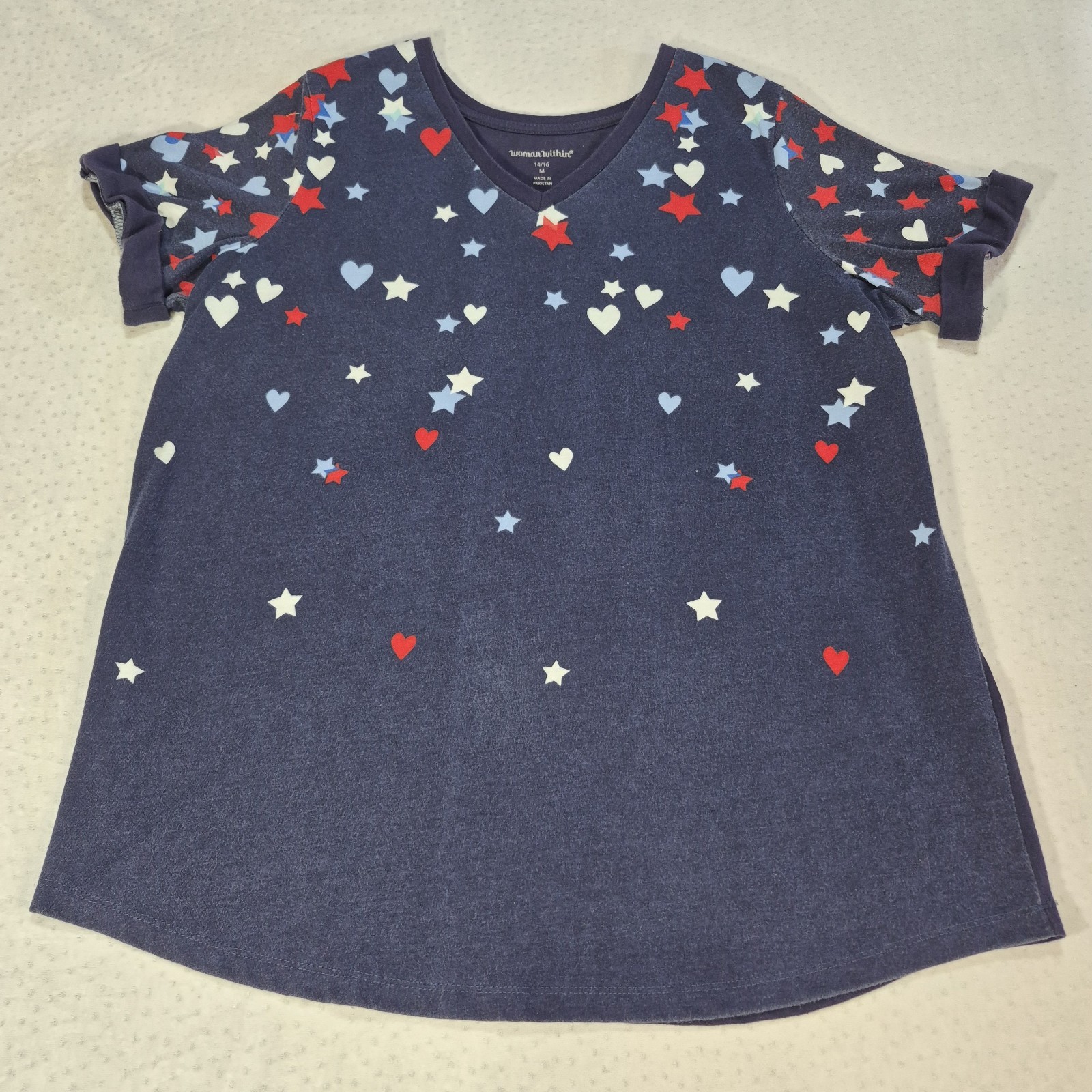 Woman Within Red White Blue Patriotic T-Shirt Size 14/16 M With Hearts Stars