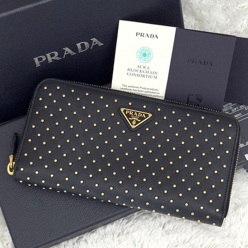 Prada Studded Wallet RFID Gold Logo Card Holder Used