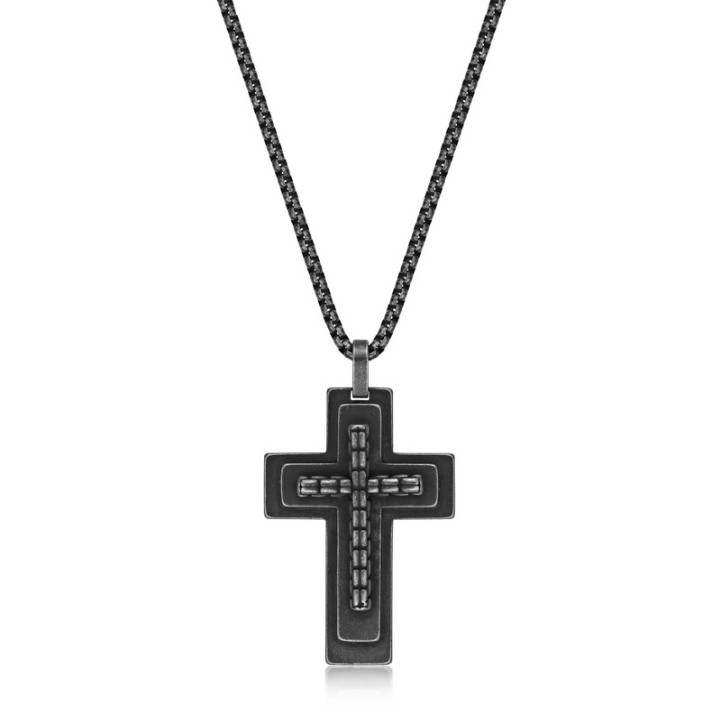 Stainless Steel Cross Pendant Antique Black Finish - 24 Inch Round Box Chain