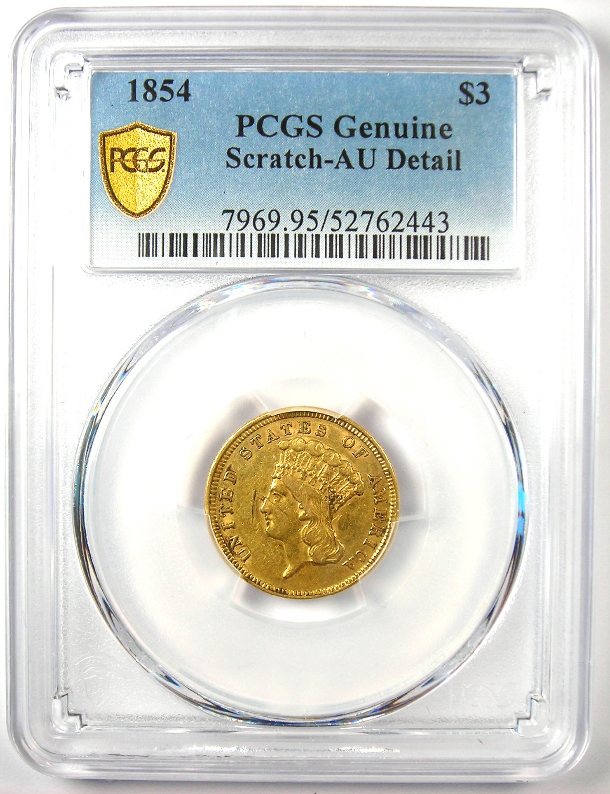 1854 Three Dollar Indian Gold Coin $3 - Certified PCGS AU Details - Rare Coin!