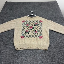 Vintage Eddie Bauer Sweater Women Beige Wool Floral Rose Cottagecore Grandma 90s