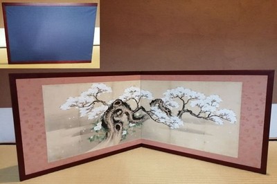 Japanese Tea Ceremony Furo Saki Byobu Cherry Blossom Painted Folding Screen Used