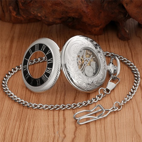 Orologio da Tasca Uomo Meccanico Argento Steampunk Scheletro con Catena Orologi Lusso - Foto 9 di 9