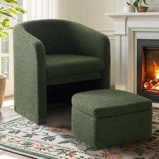 Green Accent Chair with Storage Ottoman, Upholstered Barrel Arm Chair with Footr