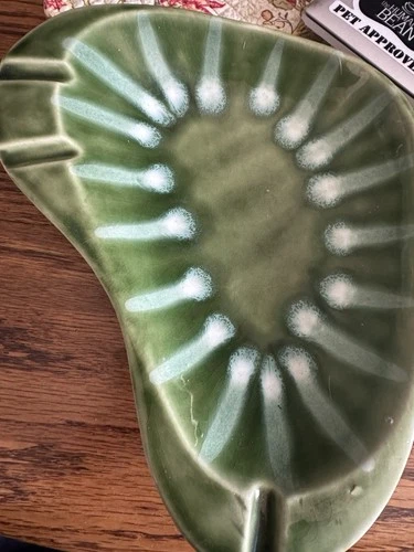 Vintage Hull Pottery USA #52 Green Drip Glaze Ashtray Mid Century Ceramic 9.5”