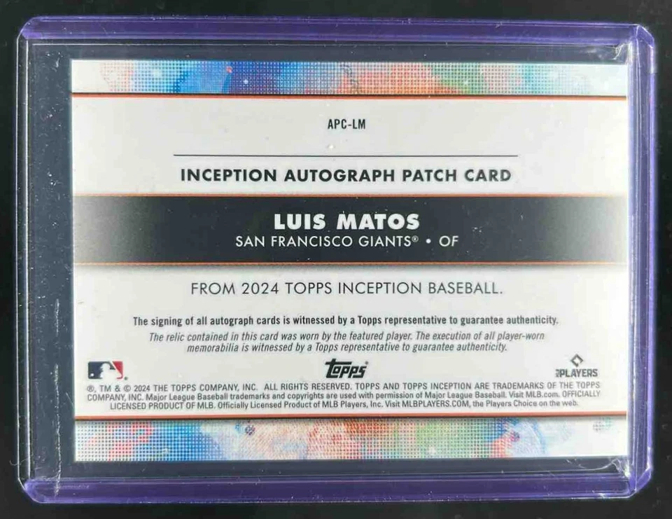 2024 Topps Inception Luis Matos Patch Auto Cards Magenta Rookie RC #68/75 Giants - Image 2 of 2