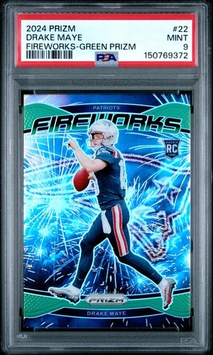 2024 Panini Prizm Fireworks #22 Drake Maye Fireworks-Green Prizm PSA 9
