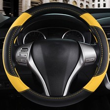 Leather Car Steering Wheel Cover Non-Slip Car Wheel Protector Black Yellow