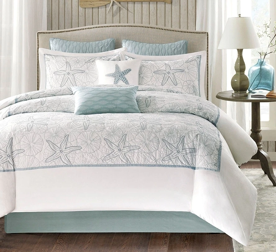 COASTAL BAY 4pc CAL King COMFORTER SET : BLUE GREEN WHITE OCEAN BEACH SEA  SHELLS