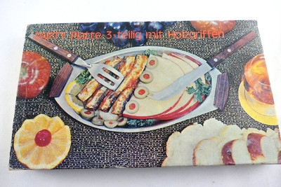 PARTYPLATTE 3 Teilig mit Holzgriffen / Servierplatte / 70er / Edelstahl / OVP