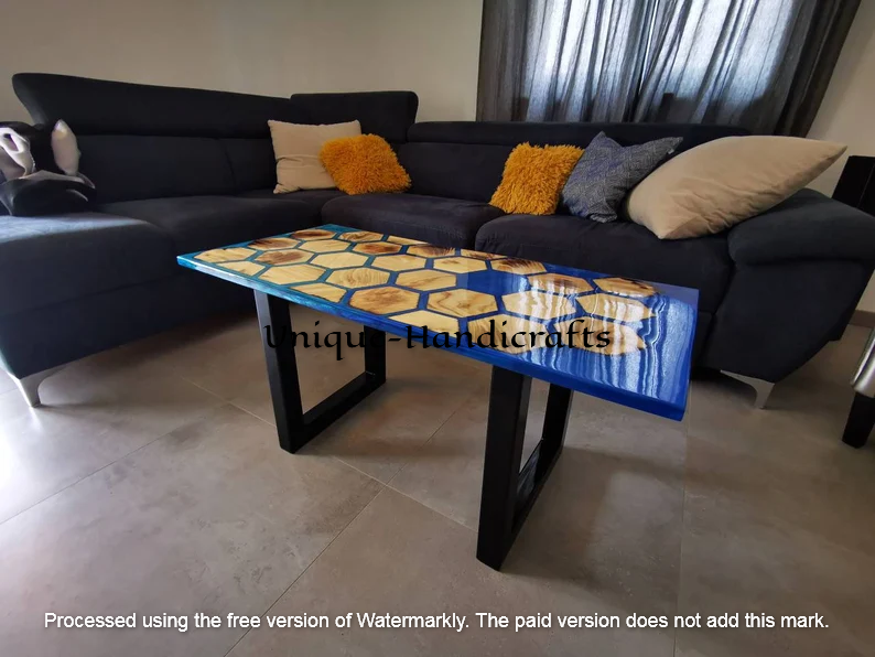 Blue Epoxy Resin Dining Slab , Honecomb Handmade Pattern Epoxy Counter Top Decor