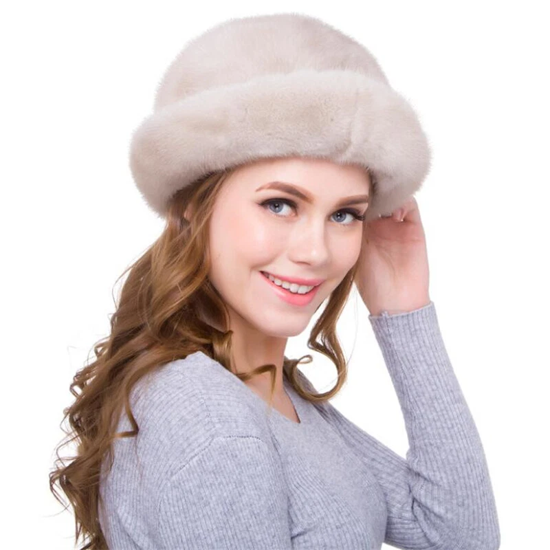 Sombrero de piel de visón de piel de visón genuino de piel de visón sombrero de invierno beige sombrero de cubo para mujer Foto 4 de 4