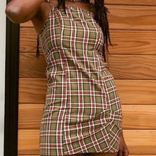 Urban Outfitters Monica Plaid Green Ruched Mini Preppy Dress Size Large NWT