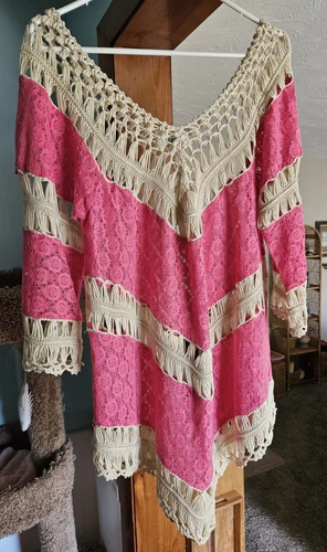  Leana Paris PINK LACE and ECRU CROCHET Hippie Top Beach Swimsuit COVER UP Sz 2