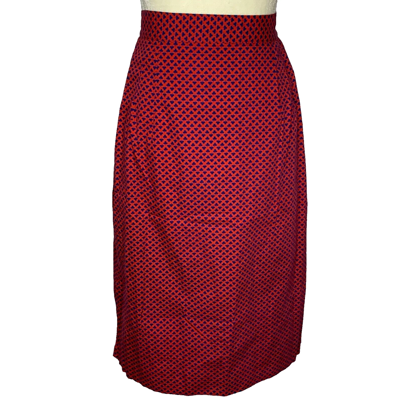 Vintage 60s Straight Midi Skirt Womens Size S Red Blue Clovers Metal Zip