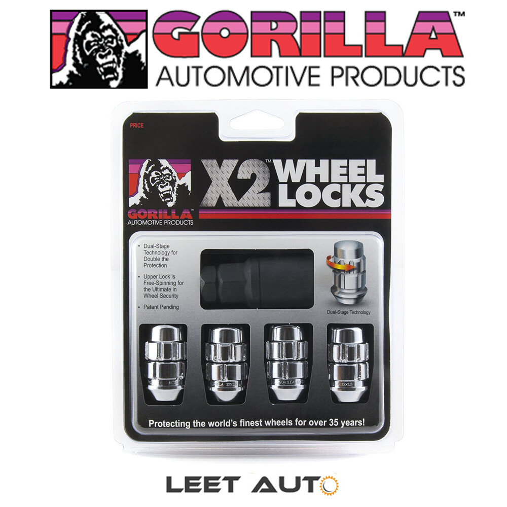 Gorilla X2 Wheel Locks, 12mm x 1.25 Thread, Bulge Acorn, Chrome