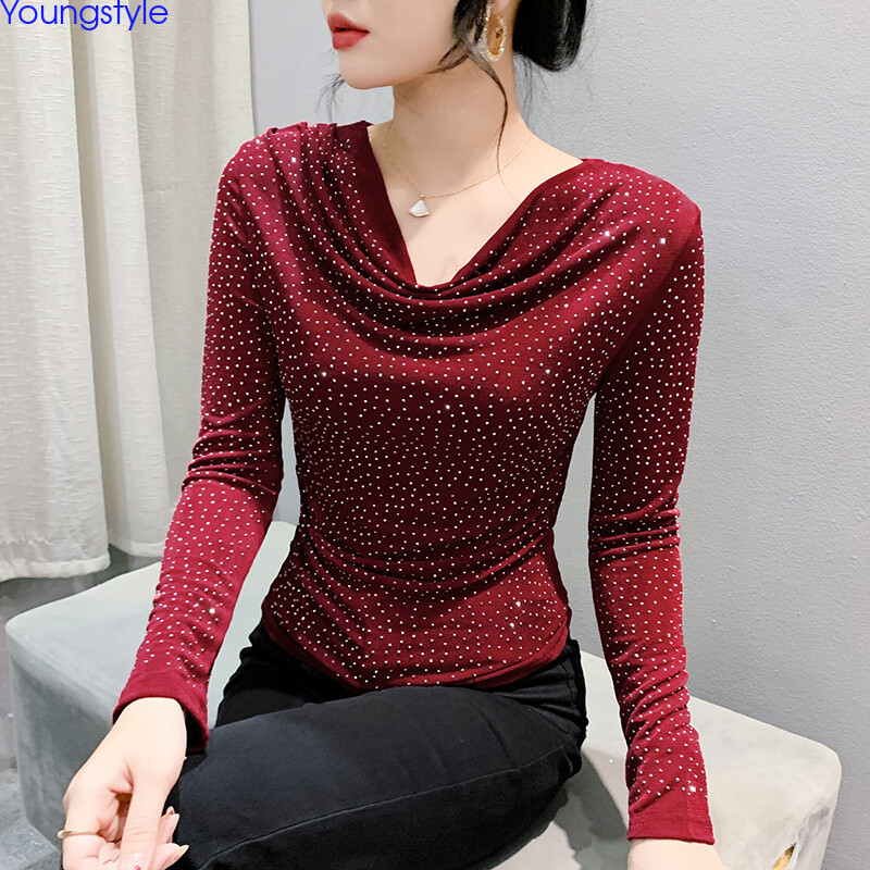 Western Womens Rhinestone Cowl Neck Casual Party Cocktail Blouse Tops Shirts NEW