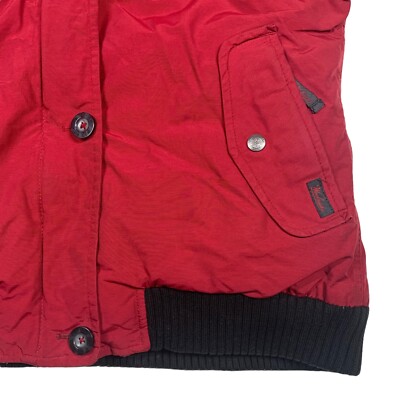 Woolrich Ruby Red Hooded Bomber Jacket Down Coat Faux Fur Trim