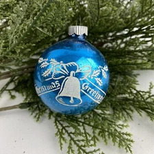 Vintage Stenciled Christmas Ornament Shiny Brite Glass Blue Bells Design USA