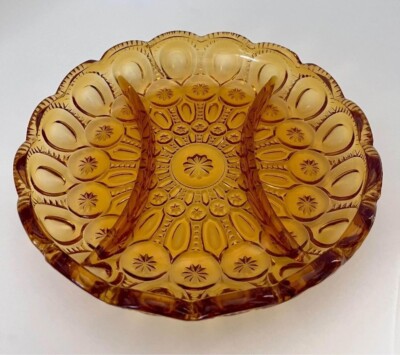 Vtg LE Smith Moon & Stars Amber Glass Relish Dish #4281