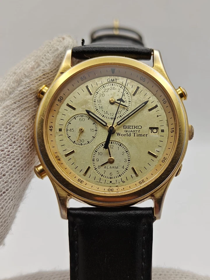 ¡¡Raro!! Reloj para hombre Seiko World Timer cronógrafo de cuarzo relleno de oro de colección 5T52-6A00 Foto 2 de 4