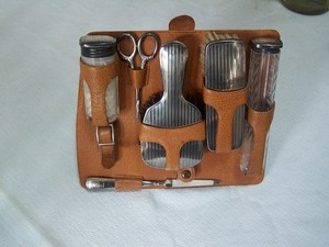 Man's Art Deco Leather & Sterling Silver Traveling Vanity Set Roger Williams