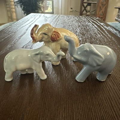 3 Vintage Porcelain Bone China Elephant Figurines Blue & Tan