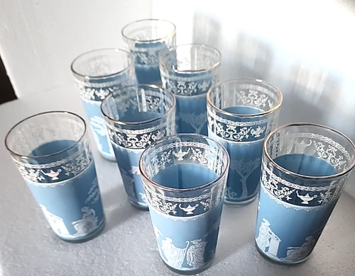 Jeanette Glass Hellenic Wedgwood Blue Grecian Vintage Ribbed Glasses ~~ Set of 8