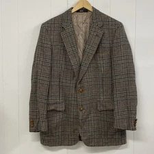 DAKS London New York Blazer Men's 42R Brown Wool Houndstooth Glen Plaid Leather