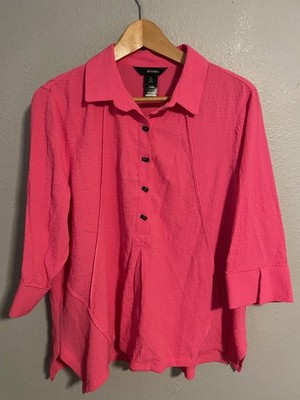 Ali Miles Tunic Top Womens Petite Large Pink Collared Crinkle Button Blouse