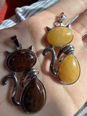 Cat Shape Charm Pendant Metal Bezel Set Silver Tone Yellow Brown Animal