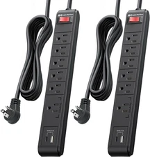 6-Outlet Surge Protector, USB-C USB-A, 8ft Cord, 2 Pack, Black