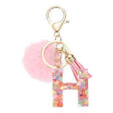 Alphabet Initial Letter H Keychain, Cute Tassel Fur Ball Pom Key Chain, Pink