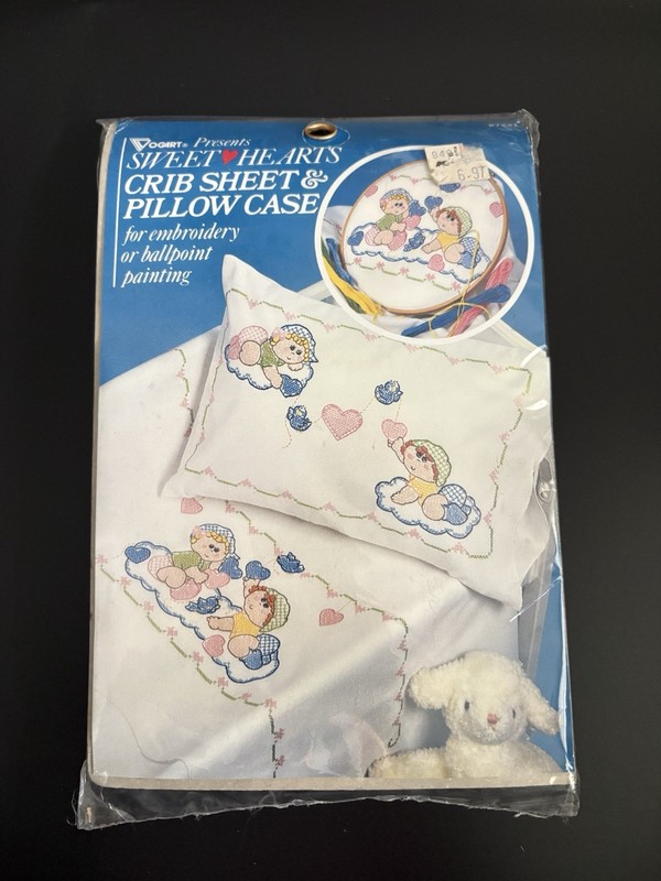 Vogart Presents Stamped Sweethearts Crib Sheet & Pillow Case Embroidery Pattern