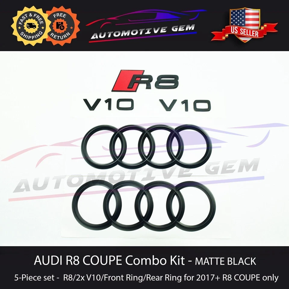 NUEVO AUDI R8 Emblema NEGRO Capó Tronco Anillo V10 Insignia Trasera COUPE SPYDER Combo Set Foto 2 de 4