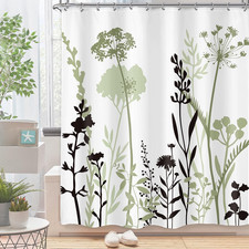 Sage Green Floral Shower Curtain Set Silhouette Wildflower Bathroom Decor 60X7