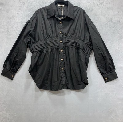 Qidian Women s Closed Black Cinched Waist Button Up Shirt Tunic Blouse XL-XXL