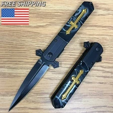 9" Marble Black Celtic Cross Spring Assisted Folding Pocket Knife Hunting Gift