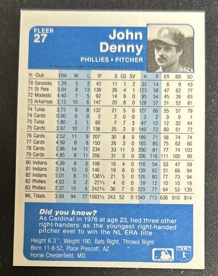 1984 Fleer John Denny Baseball Card #27 Phillies Pitcher EXMT O/C - Image 2 of 2