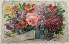 Best Wishes postcard Basket of Red Pink Roses Silver gilt inlay — photo 1