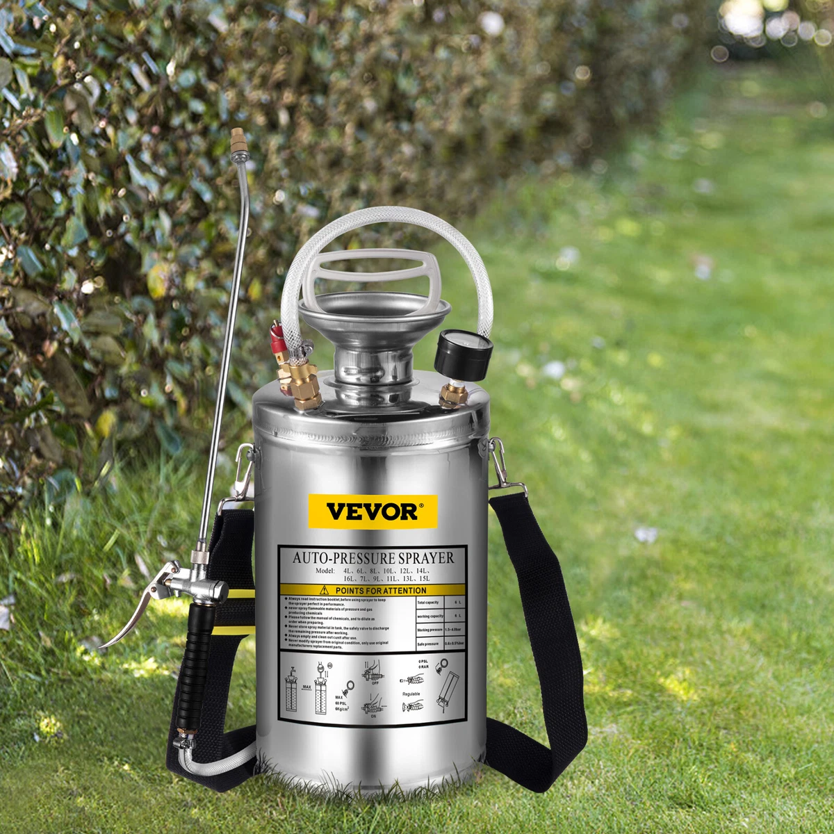 VEVOR 1.5Gal 6L Garden Pressure Sprayer Stainless Steel Hand Pump Spray 3ft Hose