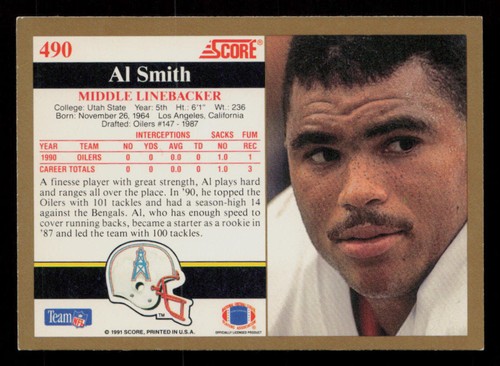 1991 Score #490 Al Smith Houston Oilers Football Card - Picture 2 of 2