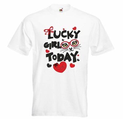 T-Shirt LUCKY GIRL TODAY VERLIEBTE KATZE MIT BRILLE KATZENGESICHT KATZENAUGE