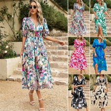 Women's Dress Summer Fashion Temperament Waist V-neck Chiffon Print Dress