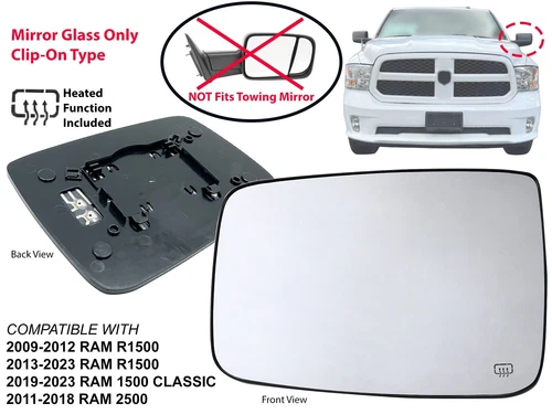 For Mirror Glass Power Heated 2009-2023 RAM 1500 2011-2018 RAM 2500 Driver Side