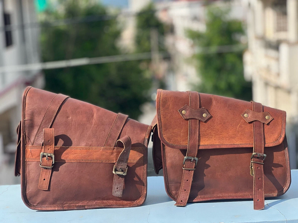 Brown Goat Leather Combo Motorcycle Saddle Bag Panniers 10x13 inch